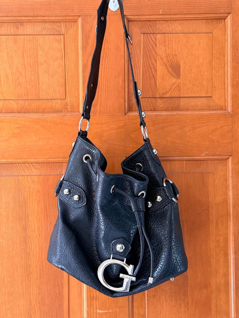 Black Drawstring Shoulder Bag with Silver G large Charm -